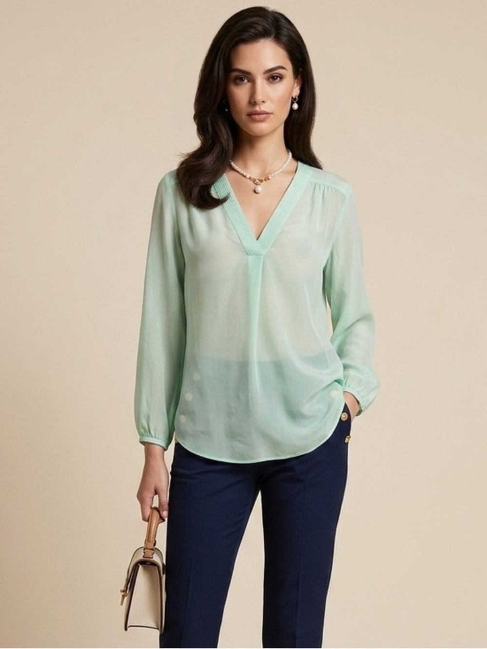 Amanda Uprichard sea foam green 3/4 sleeve 100% silk vneck blouse medium